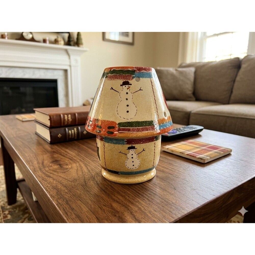 Vintage 2-Piece Ceramic Christmas Patchwork Quilt Snowman & Holly Jar Candle Lam